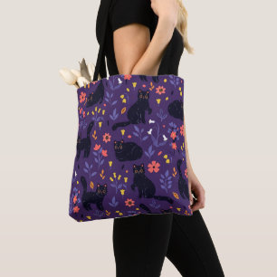 Black Cats and Wildflowers pattern Tote Bag