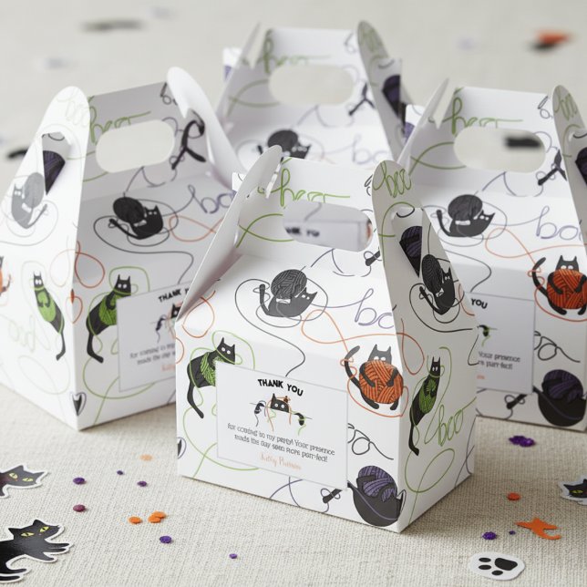 Black Cats Boo-tifully Tangled Halloween Favor Boxes (Black Cat & Boo Yarn Halloween October Birthday Party Thank You Favor Boxes in White for Cat Lover)