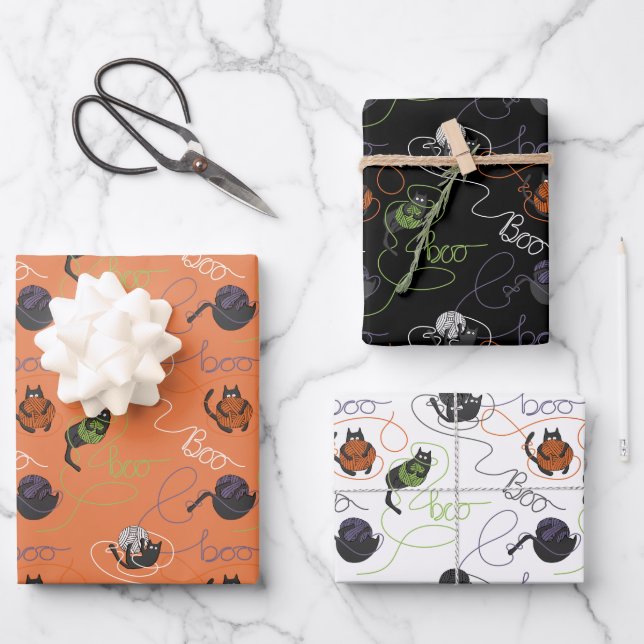 Black Cats Boo-tifully Tangled Halloween Wrapping Paper Sheets (Front)