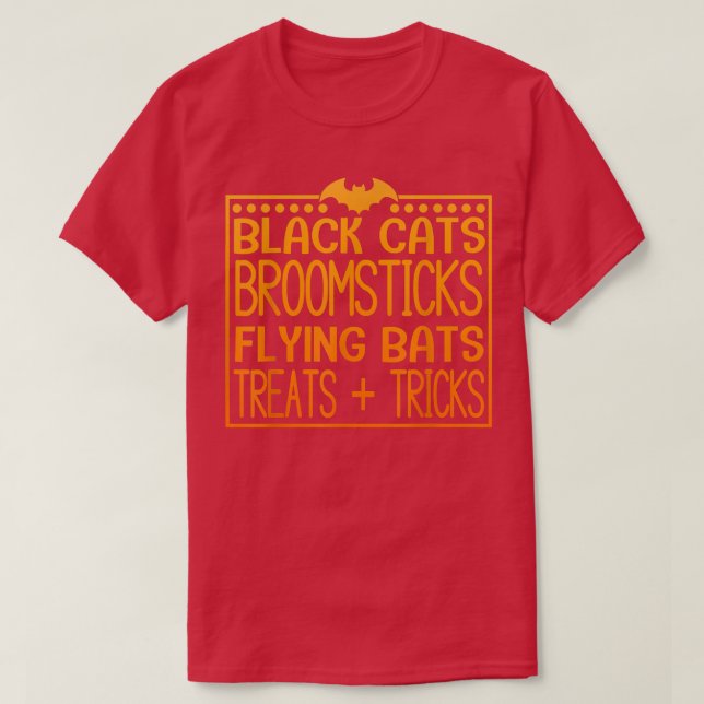 Black Cats Broomsticks Flying Bats Treat + Tricks  T-Shirt (Design Front)