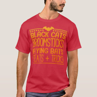 Black Cats Broomsticks Flying Bats Treat + Tricks  T-Shirt