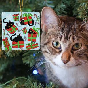 Black Cats Christmas Presents Ceramic Ornament