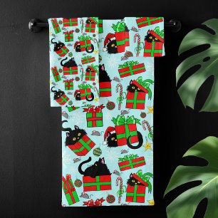 Black Cats Christmas Presents Pattern Bath Towel Set