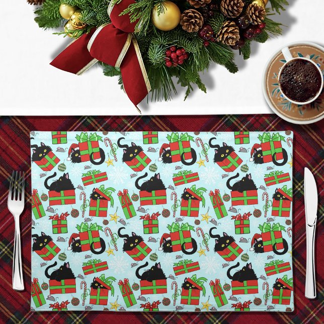 Black Cats Christmas Presents Pattern Cloth Placemat (Creator Uploaded)