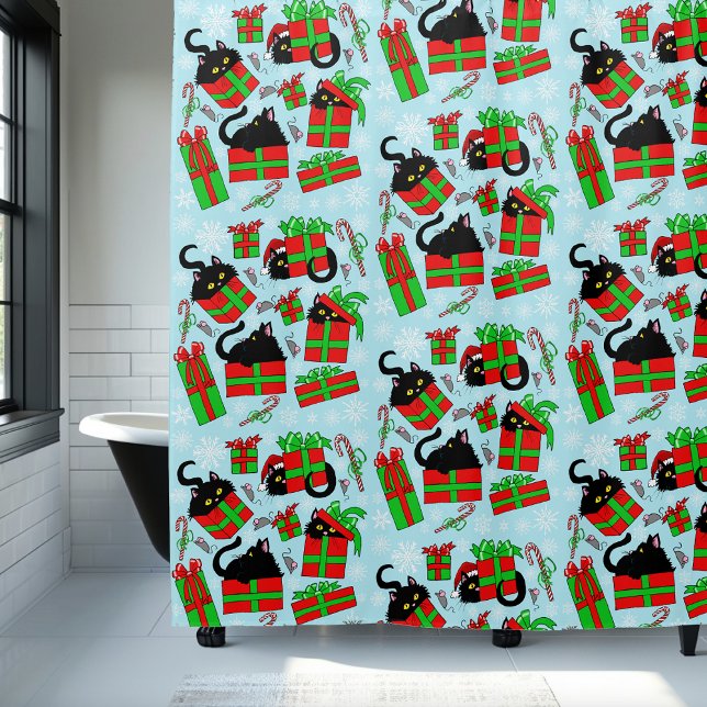 Black Cats Christmas Presents Pattern Shower Curtain (Creator Uploaded)
