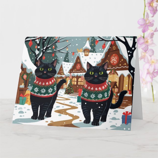 Black Cats Christmas Snow Holiday Card (Orchid)