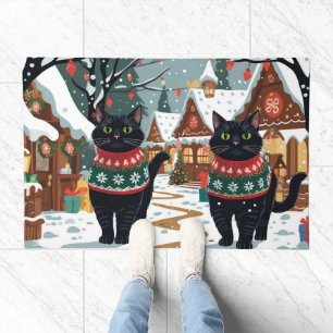 Black Cats Christmas Snow Holiday Doormat