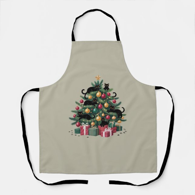 Black Cats Christmas Tree Cat Lover Xmas Lights Apron (Front)