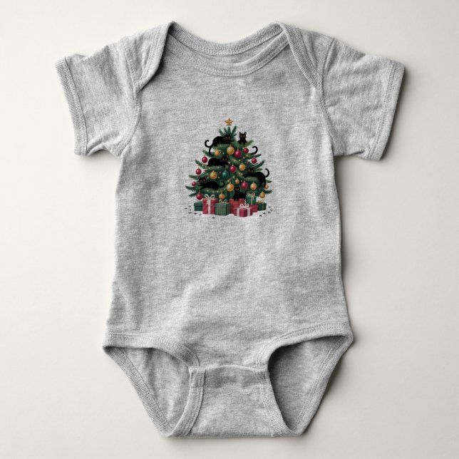 Black Cats Christmas Tree Cat Lover Xmas Lights Baby Bodysuit (Front)