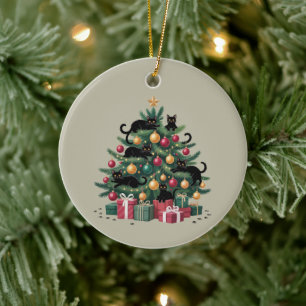 Black Cats Christmas Tree Cat Lover Xmas Lights Ceramic Ornament