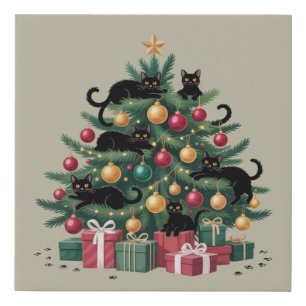 Black Cats Christmas Tree Cat Lover Xmas Lights Faux Canvas Print