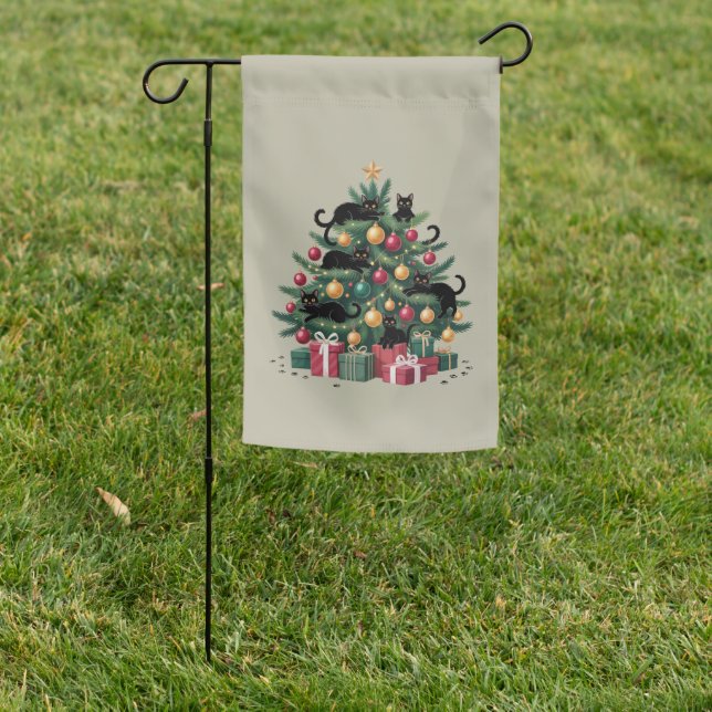 Black Cats Christmas Tree Cat Lover Xmas Lights Garden Flag (In SItu)