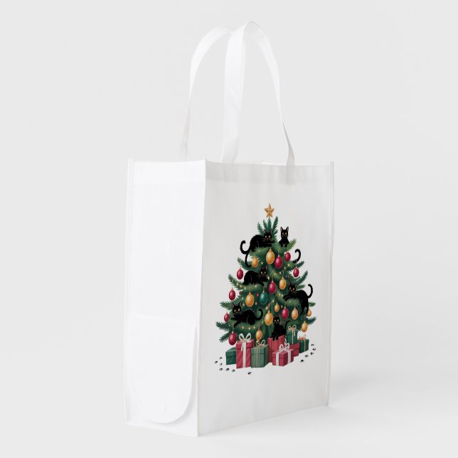 Black Cats Christmas Tree Cat Lover Xmas Lights Grocery Bag (Front Side)