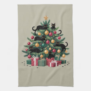 Black Cats Christmas Tree Cat Lover Xmas Lights Kitchen Towel