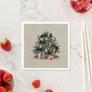 Black Cats Christmas Tree Cat Lover Xmas Lights Napkins