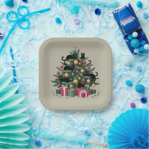 Black Cats Christmas Tree Cat Lover Xmas Lights Paper Plates