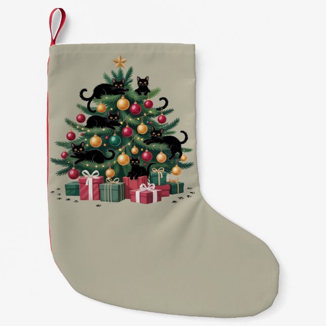 Black Cats Christmas Tree Cat Lover Xmas Lights Small Christmas Stocking (Front)