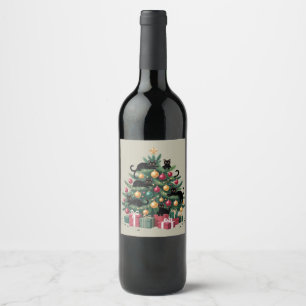 Black Cats Christmas Tree Cat Lover Xmas Lights Wine Label