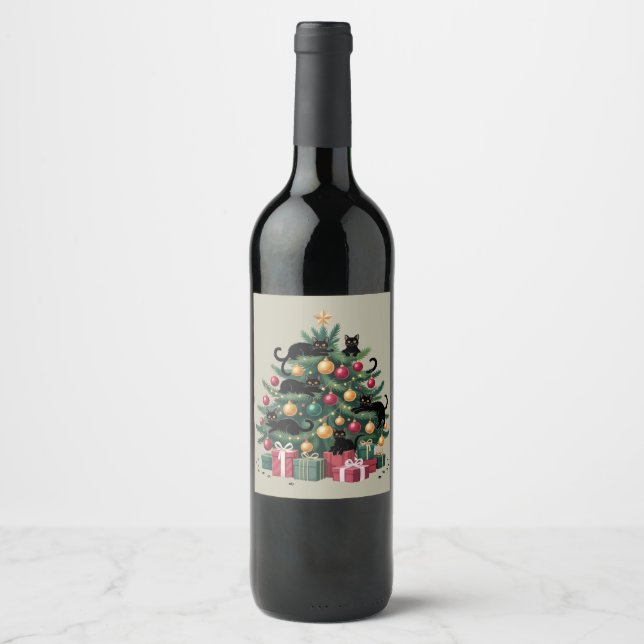Black Cats Christmas Tree Cat Lover Xmas Lights Wine Label (Front)