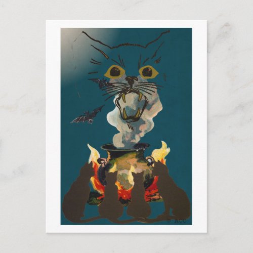 Black Cats Conjuring Spirits on Halloween Postcard