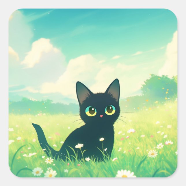 Black Cat's Curiosity in Meadow Square Sticker (Front)