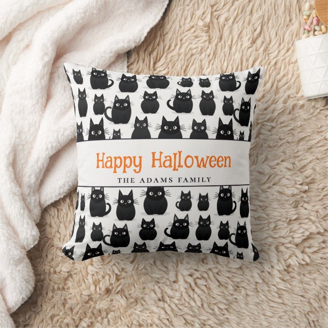 Black Cats Custom Name Happy Halloween Throw Pillow (Blanket)