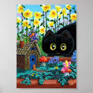 Black Cats Fairy Garden Flowers Creationarts Poster
