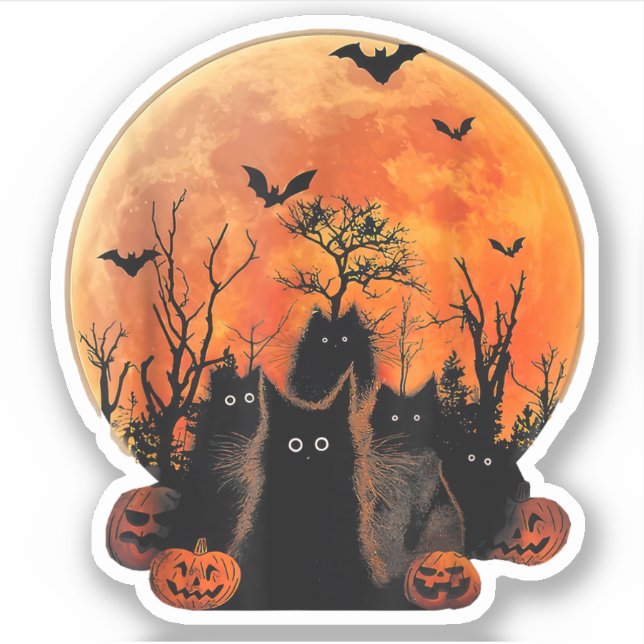 Black Cats Full Moon Funny Animal Pet Lover Hallow Sticker (Front)