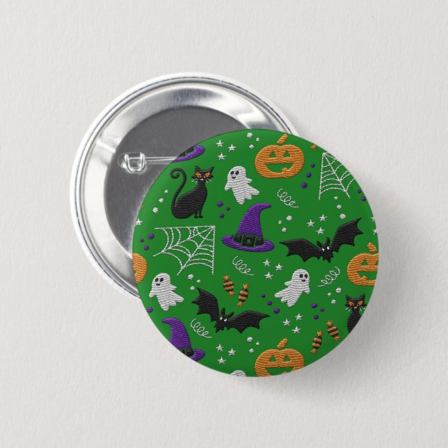 Black Cats Ghosts Bats Green Pattern Halloween Button (Front & Back)