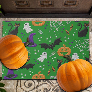 Black Cats Ghosts Bats Green Pattern Halloween Doormat