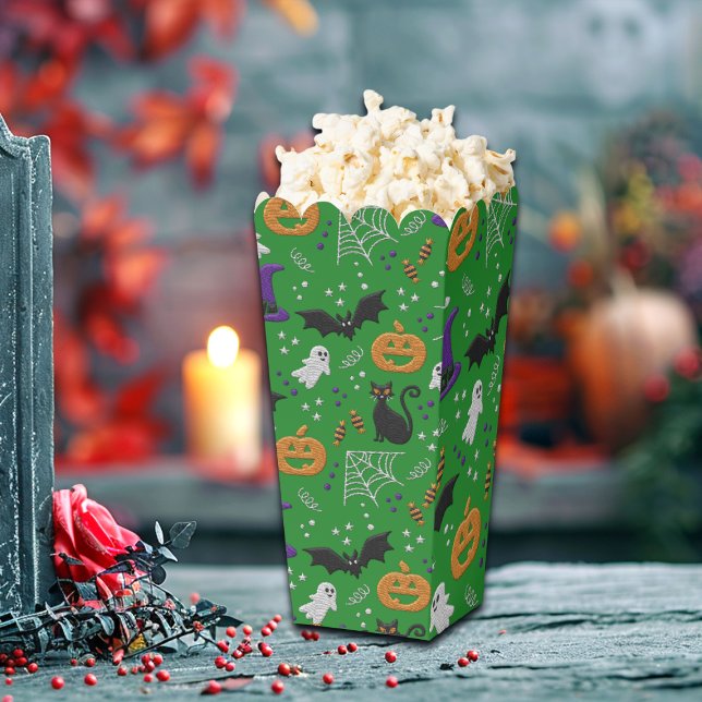 Black Cats Ghosts Bats Green Pattern Halloween Favor Boxes (Creator Uploaded)