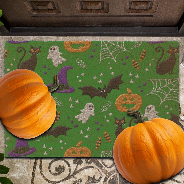 Black Cats Ghosts Bats Green Pattern Halloween Fiber Doormat (Creator Uploaded)