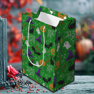 Black Cats Ghosts Bats Green Pattern Halloween Medium Gift Bag