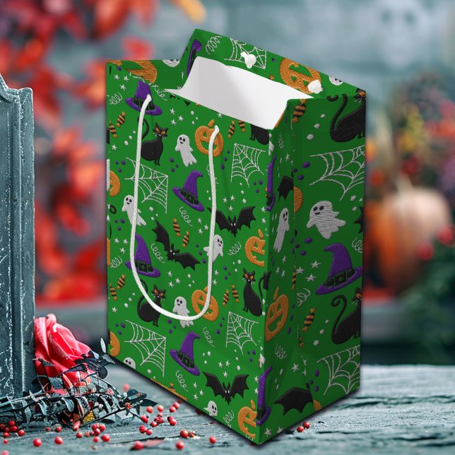 Black Cats Ghosts Bats Green Pattern Halloween Medium Gift Bag (Creator Uploaded)