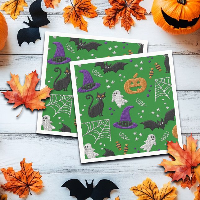 Black Cats Ghosts Bats Green Pattern Halloween Napkins (Creator Uploaded)