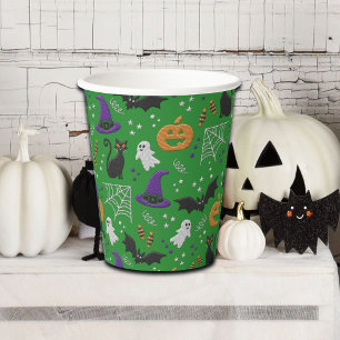 Black Cats Ghosts Bats Green Pattern Halloween Paper Cups