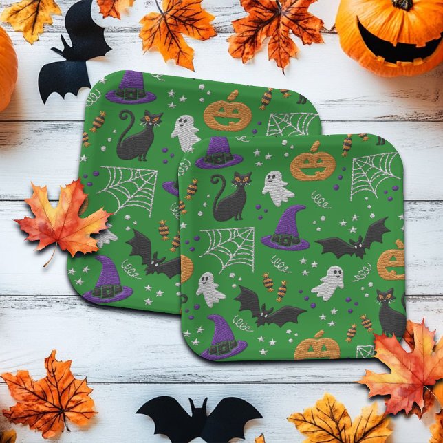 Black Cats Ghosts Bats Green Pattern Halloween Paper Plates (Creator Uploaded)
