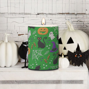 Black Cats Ghosts Bats Green Pattern Halloween Pillar Candle