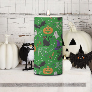 Black Cats Ghosts Bats Green Pattern Halloween Pillar Candle