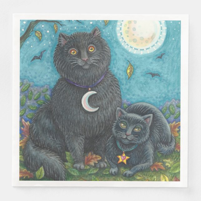 BLACK CATS HALLOWEEN FOLK ART FELINES PAPER DINNER NAPKINS (Front)