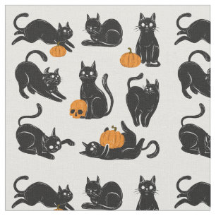 Black Cats, Halloween, Pumpkins and Skulls Fabric