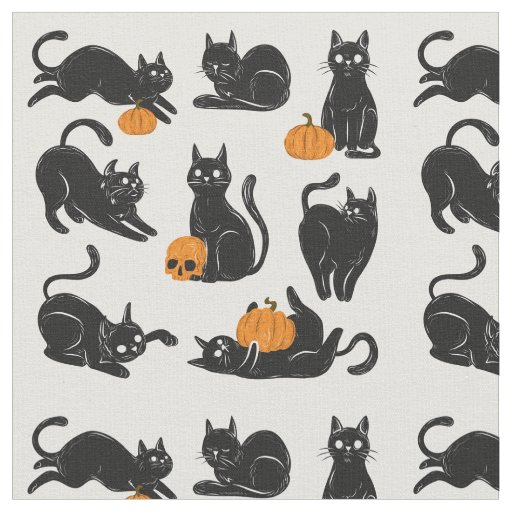 Black Cats, Halloween, Pumpkins and Skulls Fabric