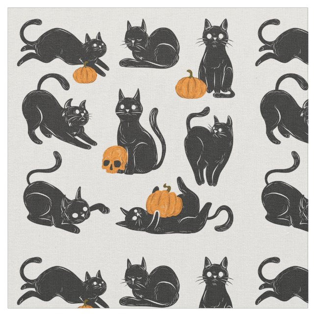 Black Cats, Halloween, Pumpkins and Skulls Fabric (Close Up)