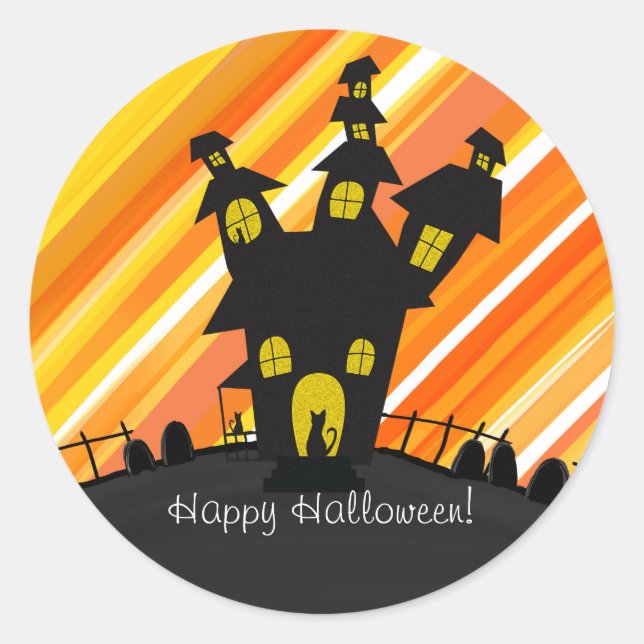 Black Cats Haunted House Halloween Party Classic Round Sticker (Front)