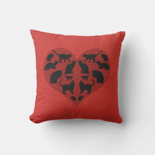 Black Cats Heart Faux Red Leather Throw Pillow