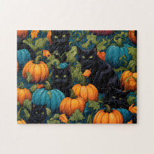 Black cats in a pumpkin patch - Halloween Jigsaw Puzzle