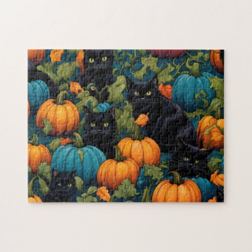 Black cats in a pumpkin patch _ Halloween Jigsaw Puzzle