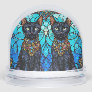 Black Cats in Artistic Stained Glass Design Snow Globe