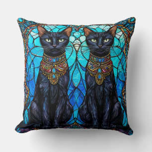 Black Cats in Artistic Stained Glass Design Throw Pillow