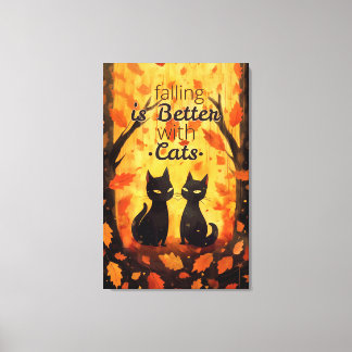 Black cats in autumn forest with yellow leaves. canvas print